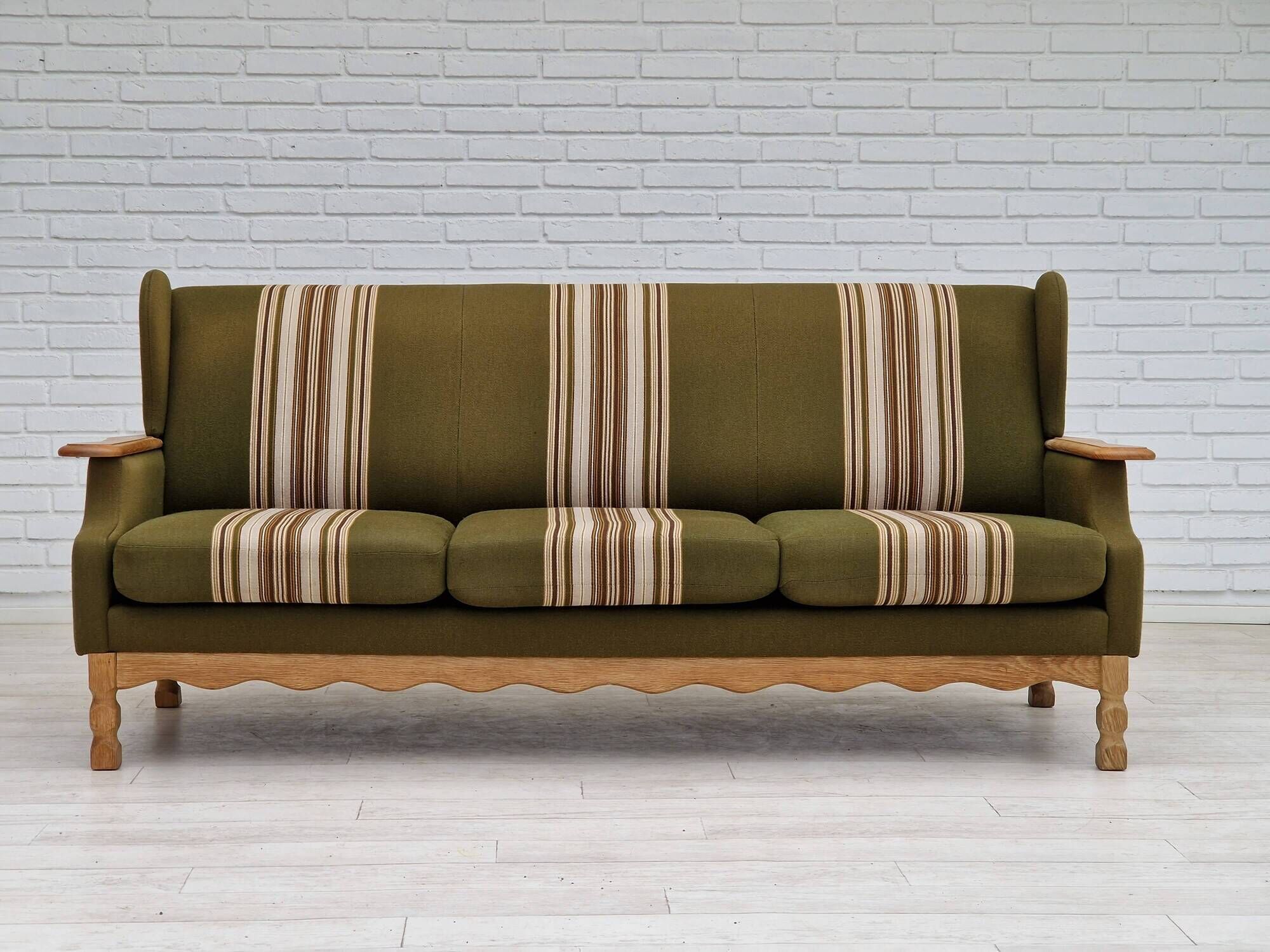 1970s, Danish vintage 3 seater, green fabric, oak wood, original condition.