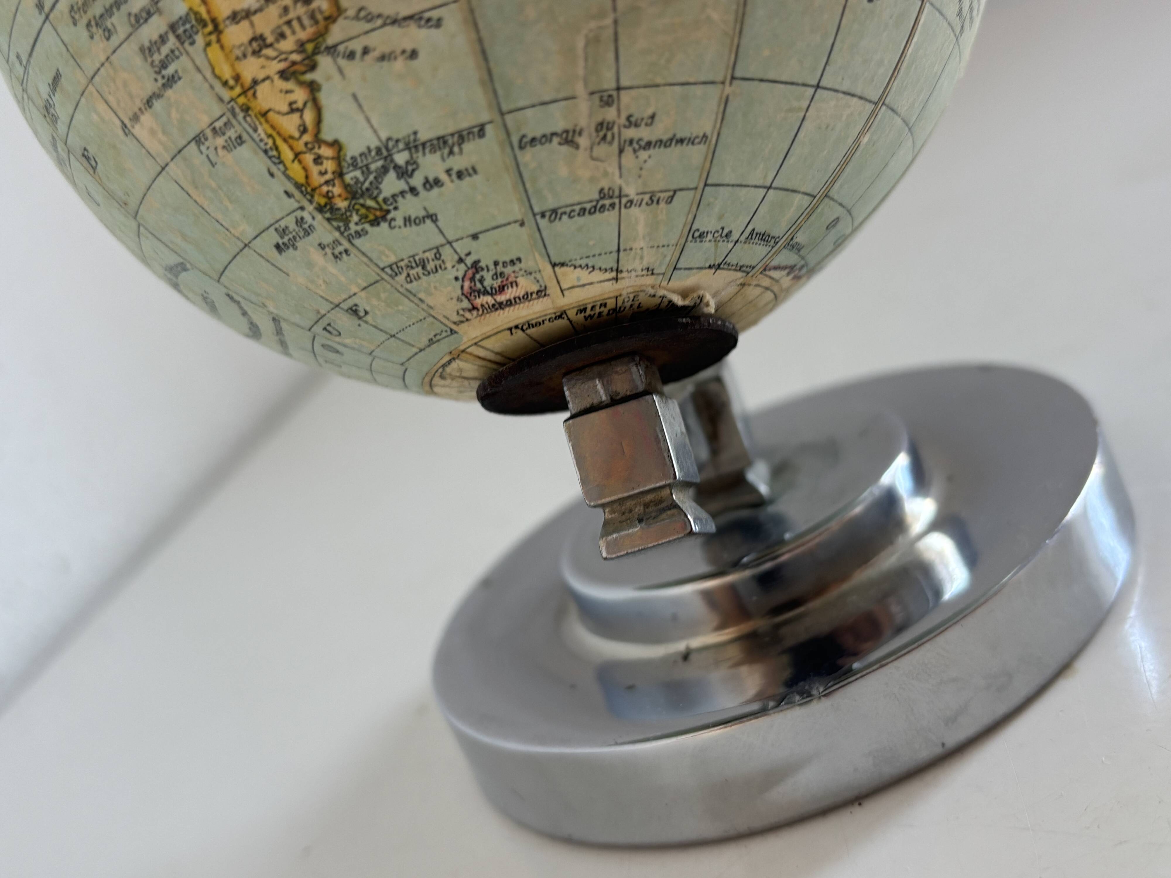 Antique French terrestrial globe – Chrome Art Deco base – Circa 1930 – Cart