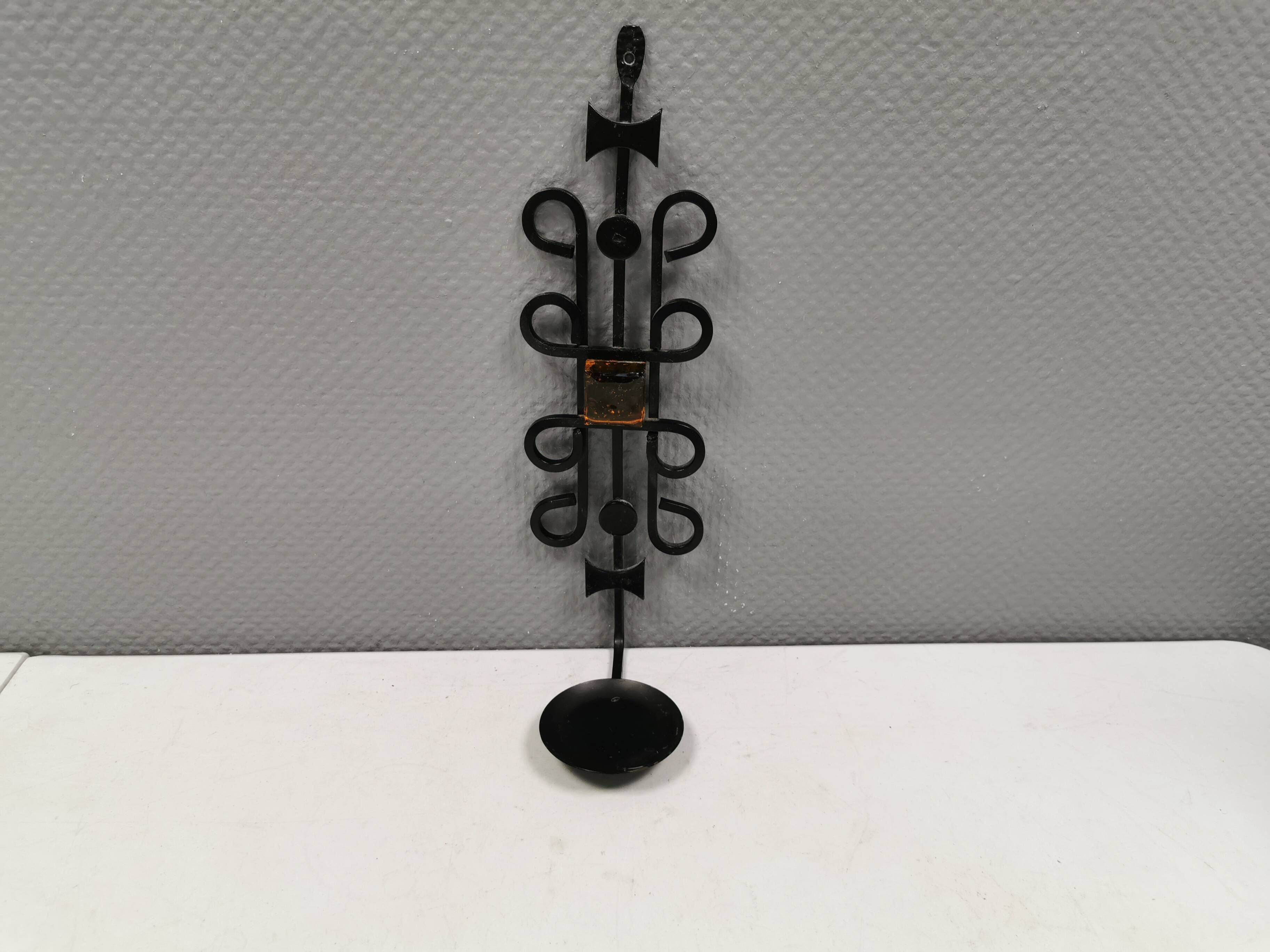 Vintage wall candle holder, wrought iron and  pressed orange/amber glass