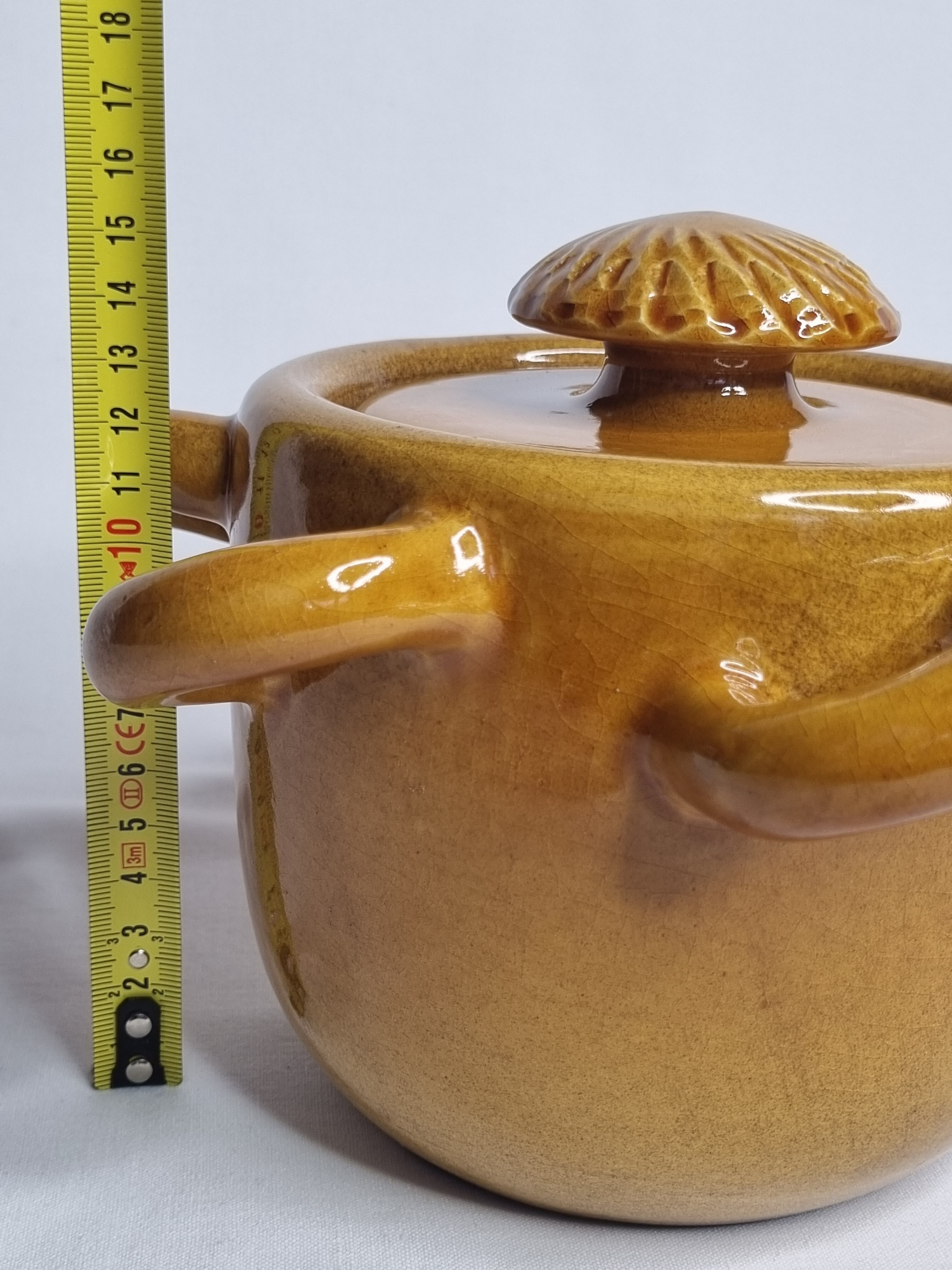 Vintage ceramic pot, ochre, with 8 handles