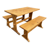Vintage Scandinavian pine dining set, 1980s table and benches