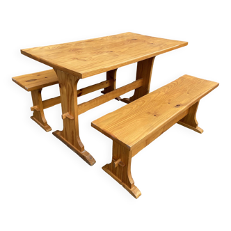 Vintage Scandinavian pine dining set, 1980s table and benches