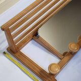 Light wood wall coat rack with tilted mirror, 5 hooks, 1960s