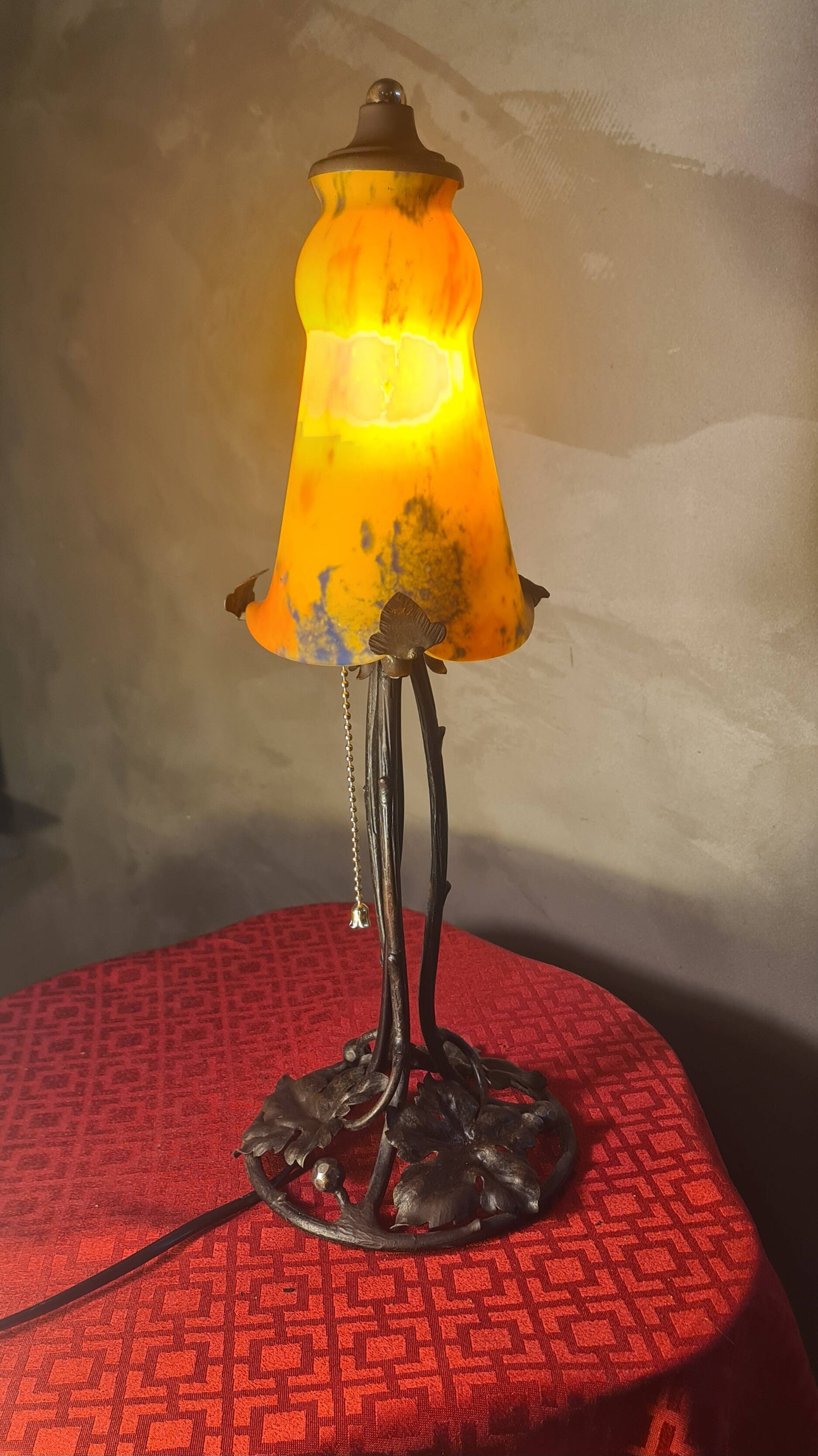 antique wrought iron lamp from 1900 at 40 with a very large glass paste shade 45
