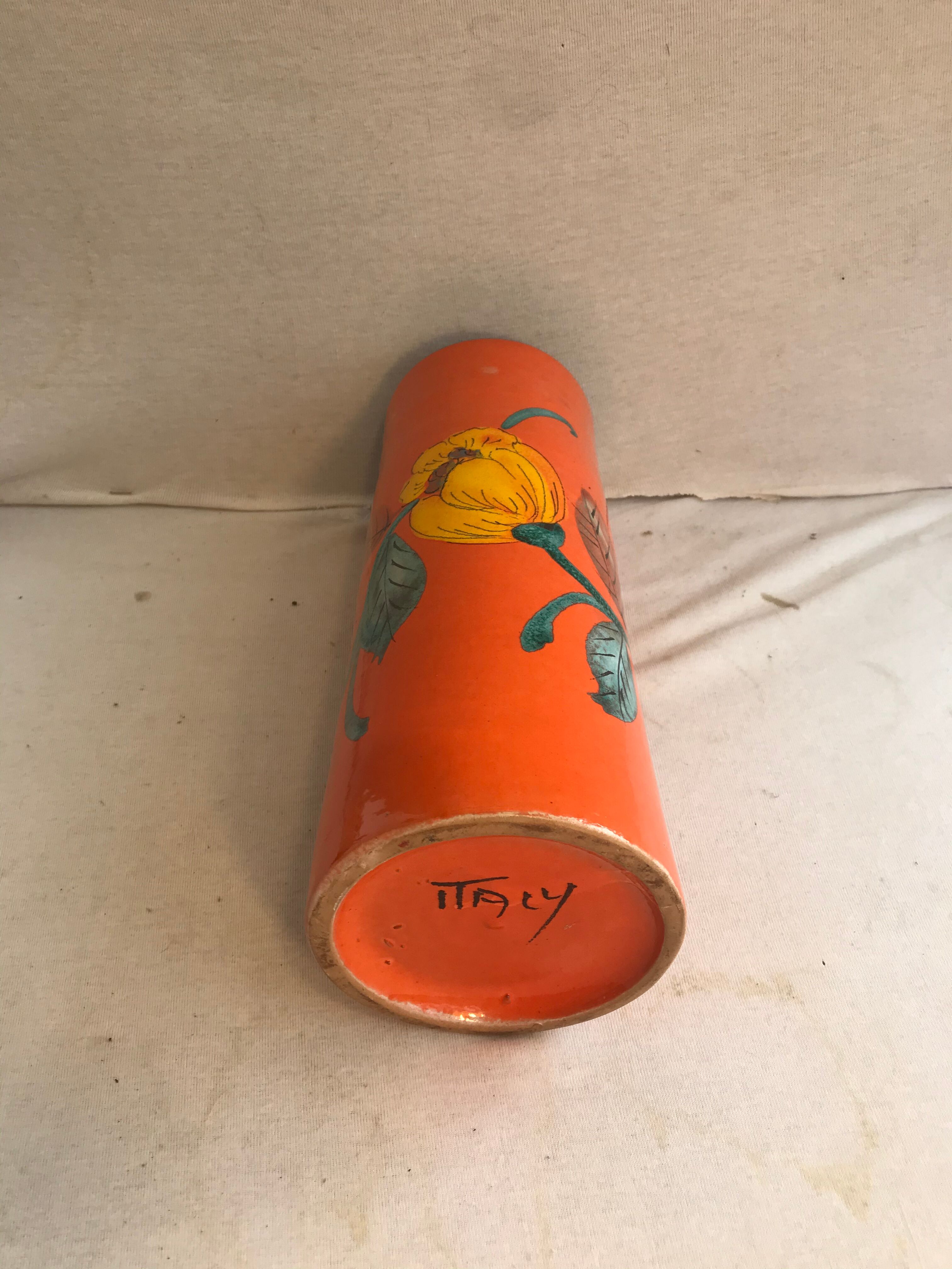 Ancient orange ceramic roll vase drawing flowers made in Italy vintage
