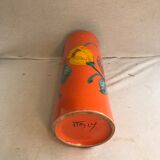 Ancient orange ceramic roll vase drawing flowers made in Italy vintage