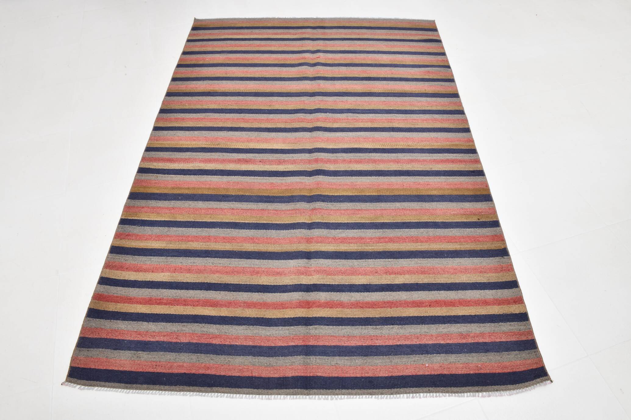 Navy Blue & Terracotta Hand Woven Turkish Striped Kilim Rug, 147x217 Cm