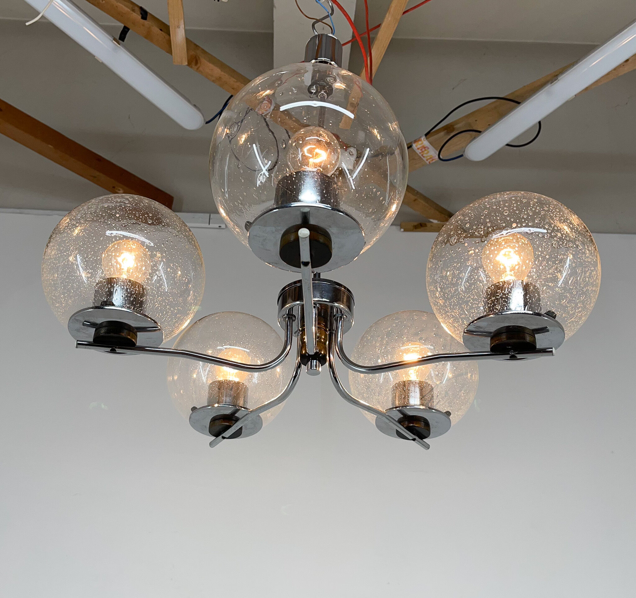 1970's Chrome & Clear Bubble Glass Five-Arm Chandelier