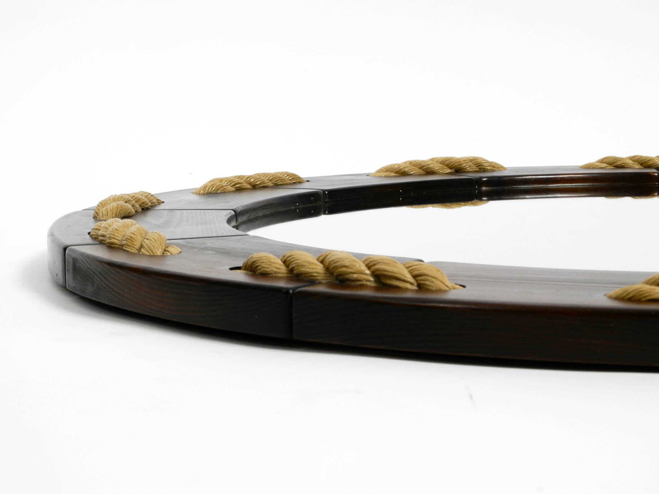 Huge 1970s maritime round pine wood wall mirror from Denmark | ∅ 89cm
