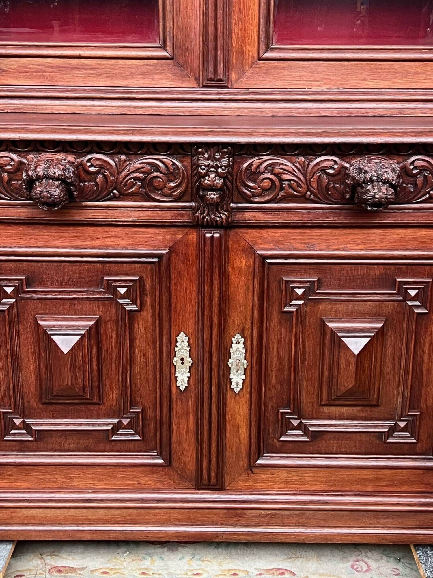 Library and buffet in antique Renaissance style. Beautiful sculptures. Solid oak. France. 19th century.