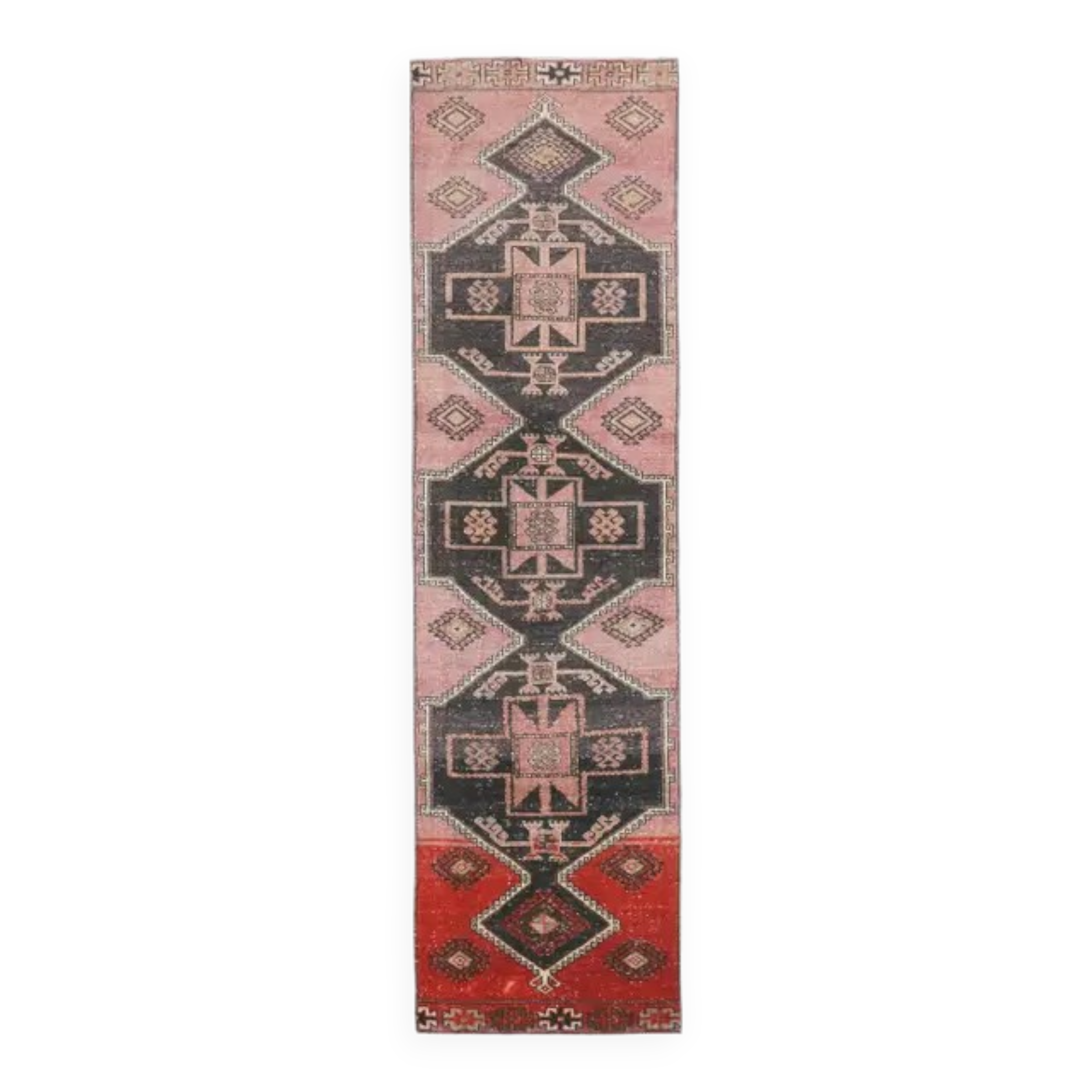 Vintage Turkish hand-knotted wool cotton pink runner 82x312
