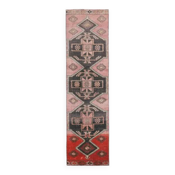 Tapis couloir en laine et coton turc vintage noué à la main rose 82x312