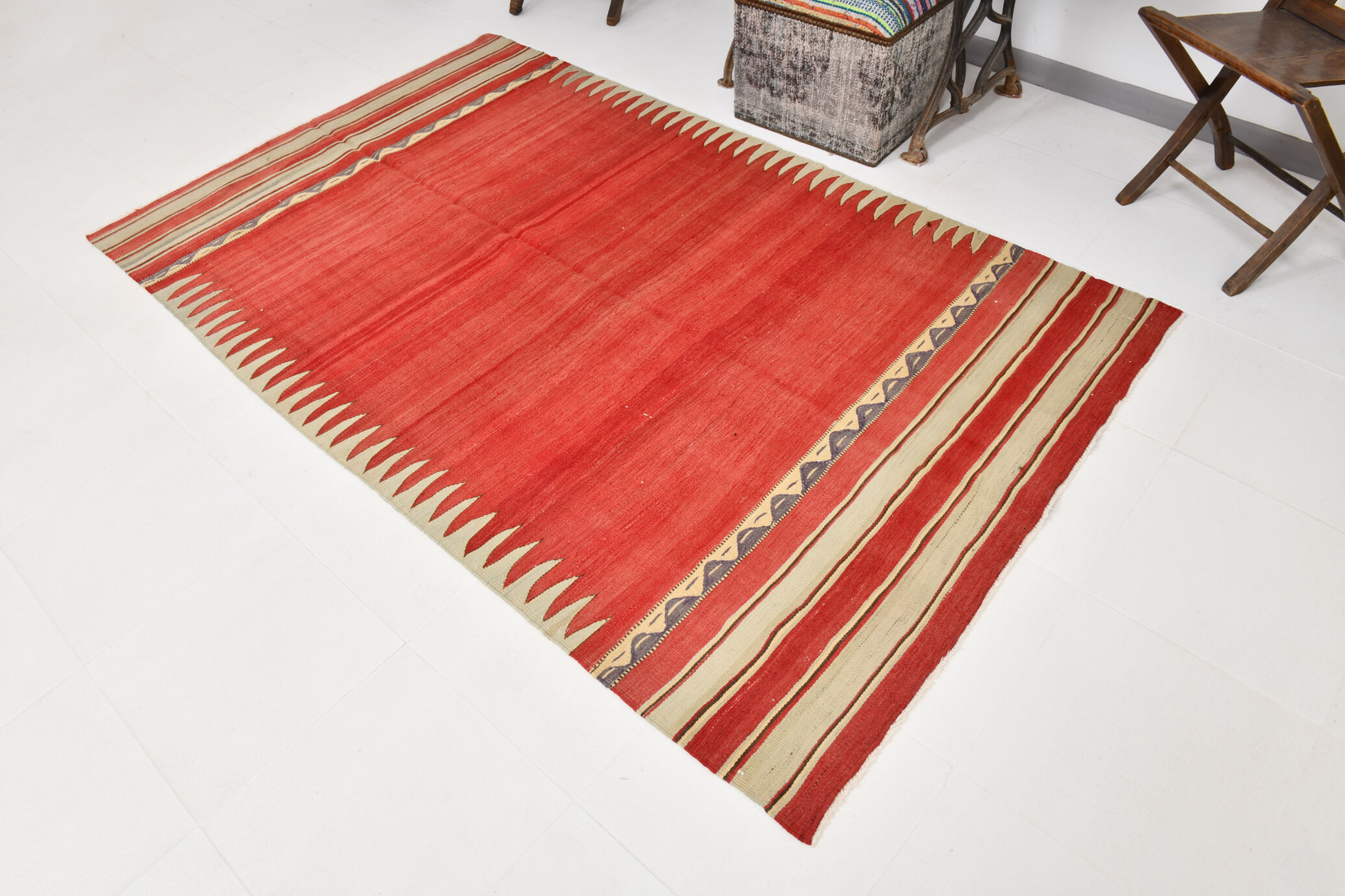 Red & beige wool kilim rug 237x142cm