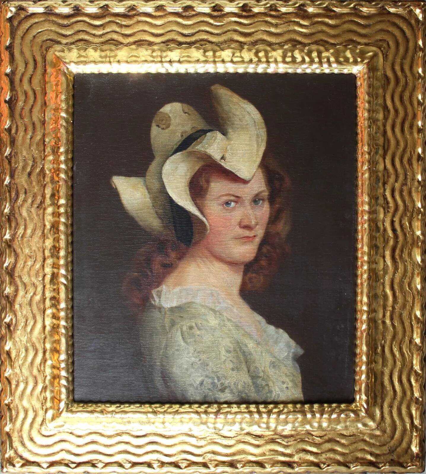 19th Century Portrait of a Lady in a Hat Oil Painting, Framed