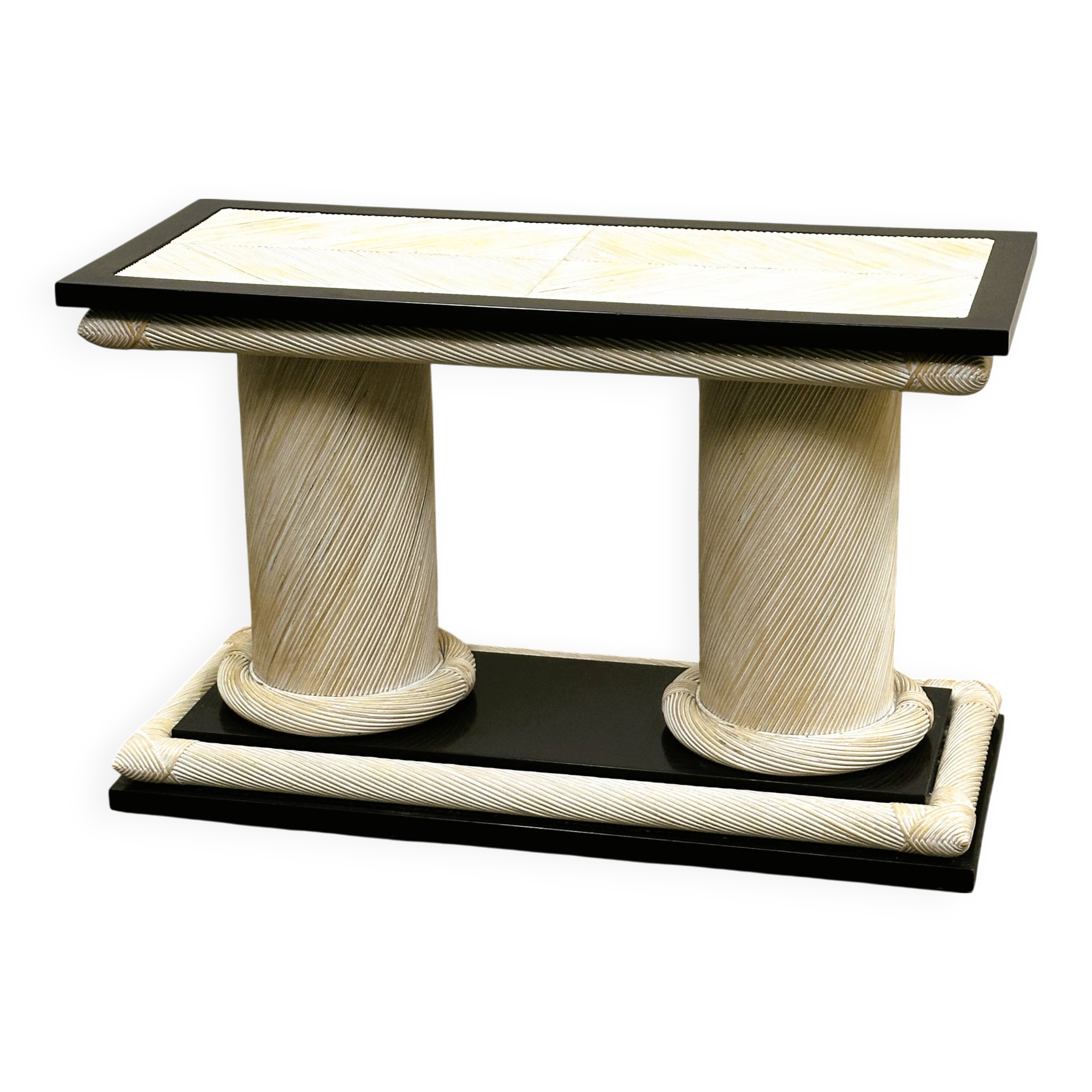 1970s Howard Dilday Organic Rattan Console Table with Black Lacquer Border.