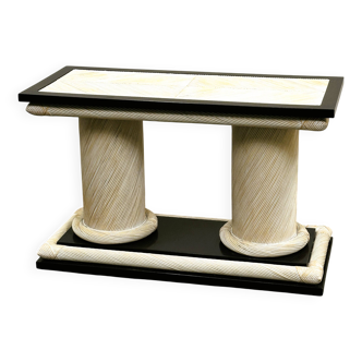 Table console en rotin organique Howard Dilday des années 1970 avec bordure laquée noire.