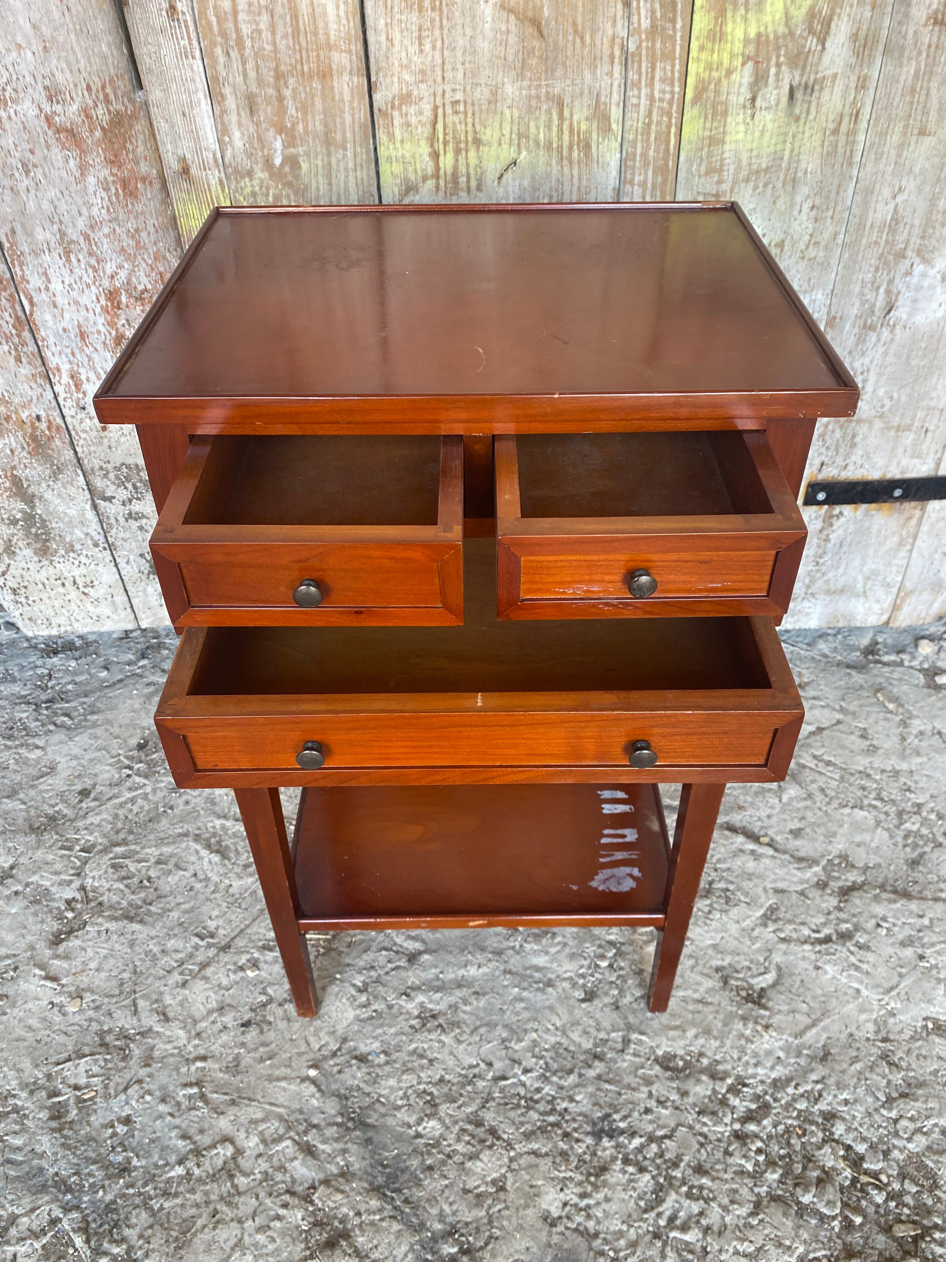 Antique Nightstand Entry Table Cherry Wood 3 Drawers Vintage #D995