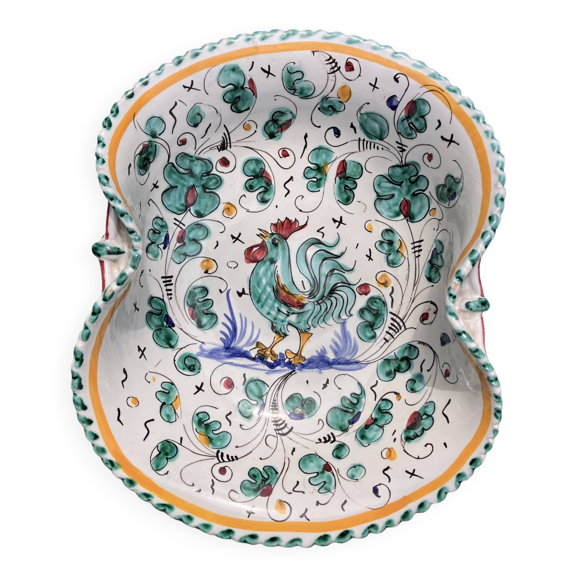 Dish, antique Italian Orvieto Deruta fruit bowl with rooster decoration