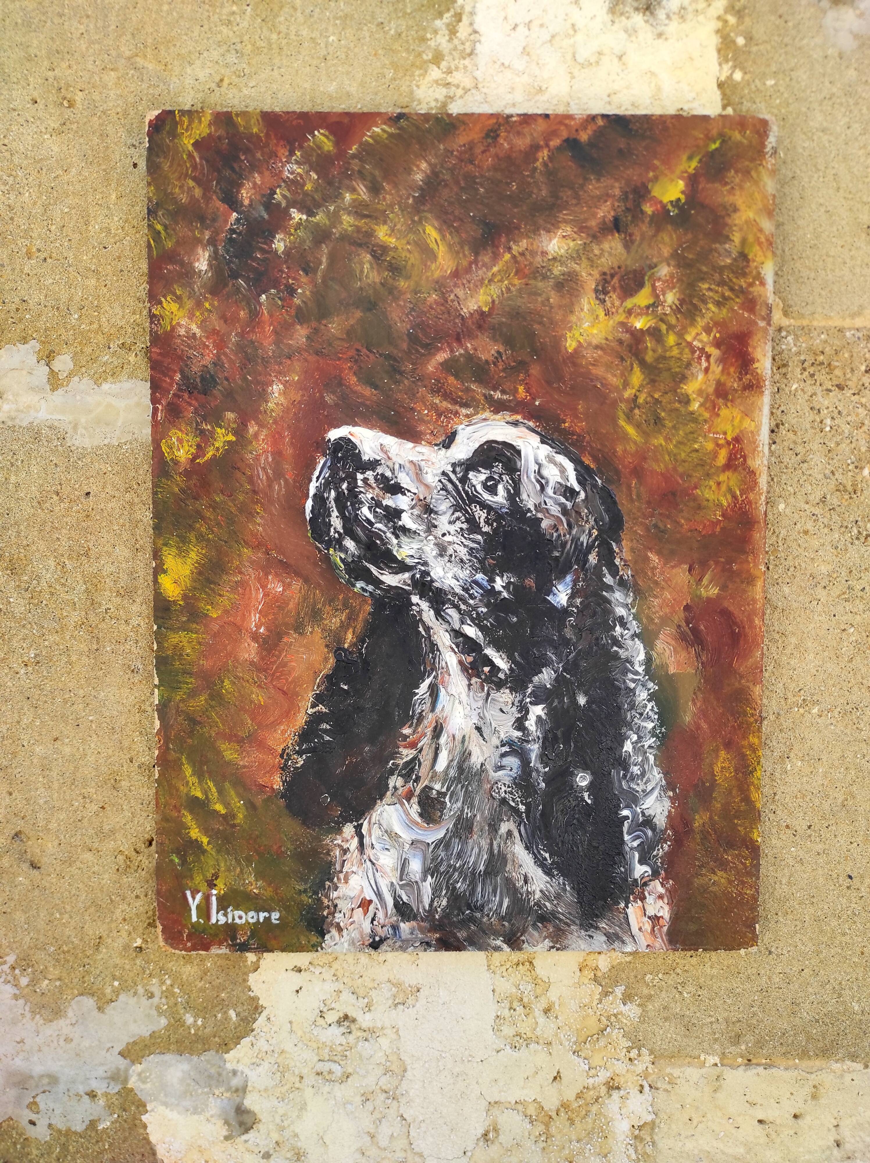 Peinture à l'huile vintage française représentant un cocker anglais, signée par Y. Isidore