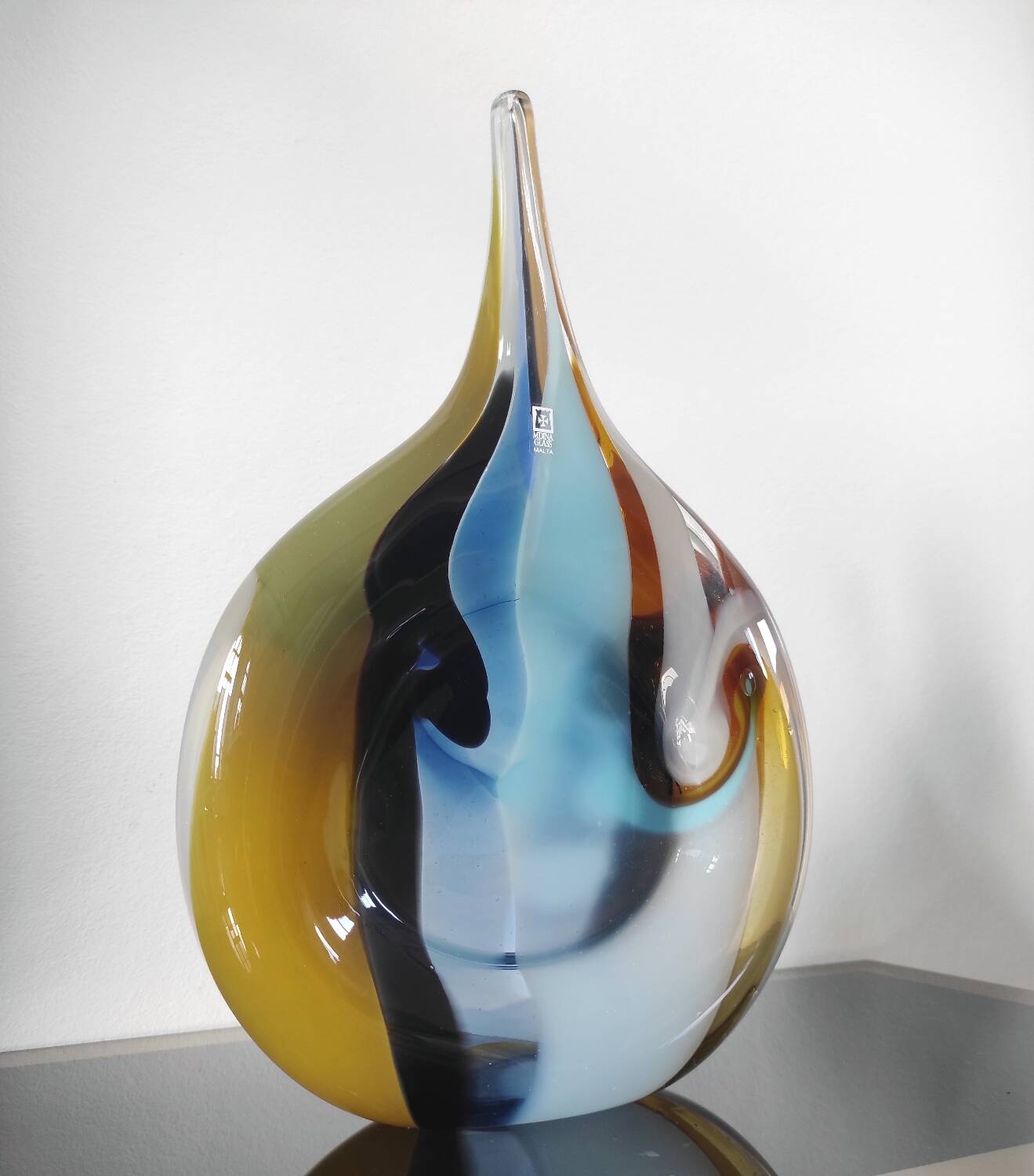 Large sculptural drop vase made of blown glass signed Mdina Glass Malta.