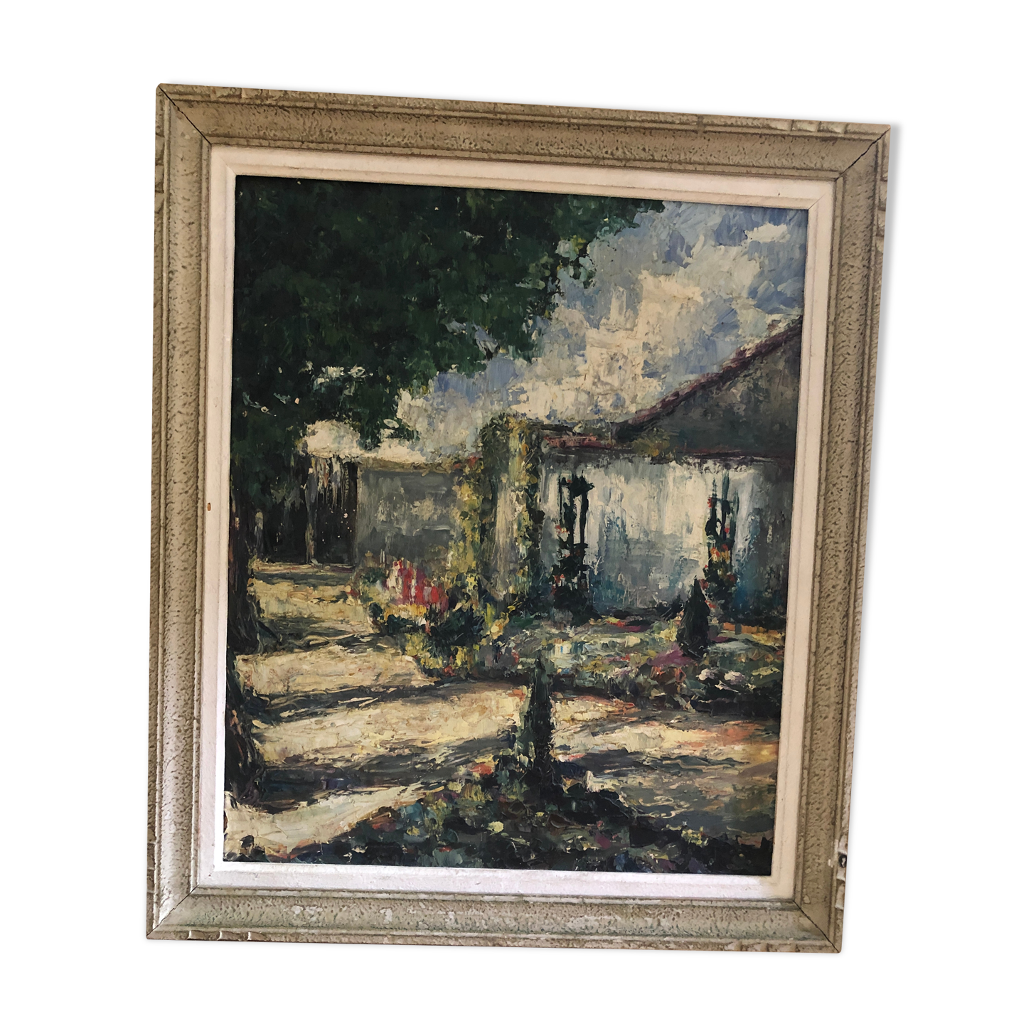 Ancien tableau huile au couteau sur panneau avec cadre bois vintage