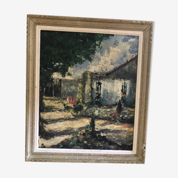 Ancien tableau huile au couteau sur panneau avec cadre bois vintage