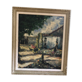 Old oil painting with a knife on panel with vintage wooden frame