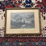 Watercolor by the painter Henri Jobert (1873 - ?), Landscape by Moonlight.