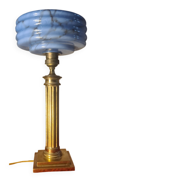 lampe art deco colonne corinthienne laiton massif abat jour verre marbré 38