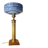 lampe art deco colonne corinthienne laiton massif abat jour verre marbré 38