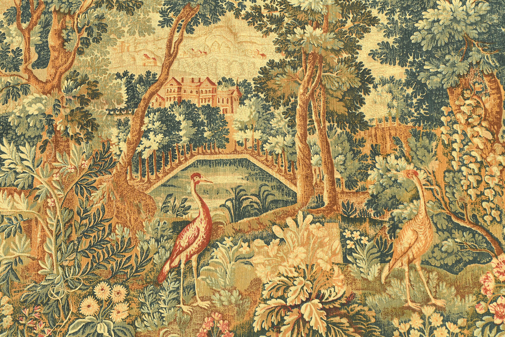 Printed green tapestry depicting birds in the park of a castle