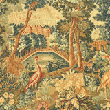 Printed green tapestry depicting birds in the park of a castle