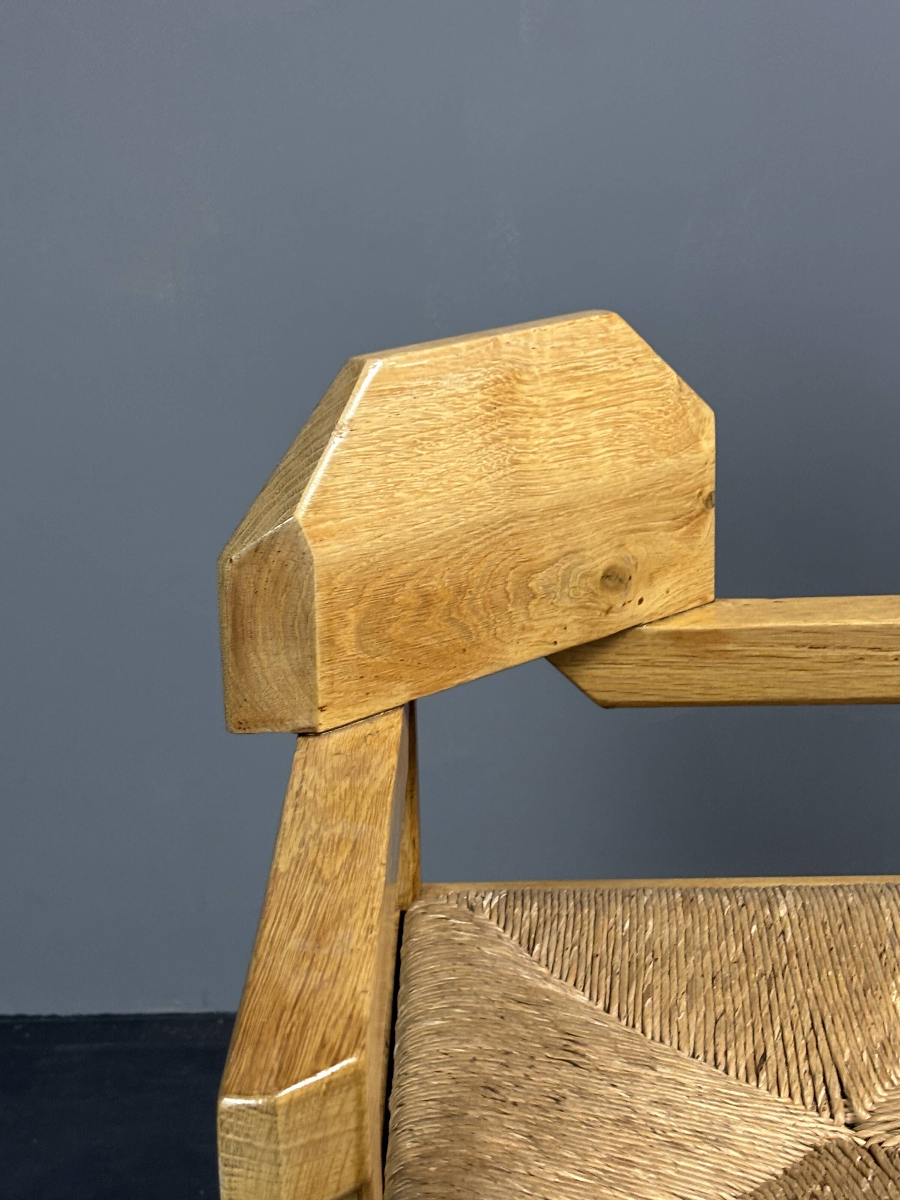 Dutch postmodern brutalist oak corner side chair with rush seat, 1970s