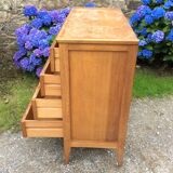 Vintage chest of drawers with compass feet oak-plated façade to restore or repaint.