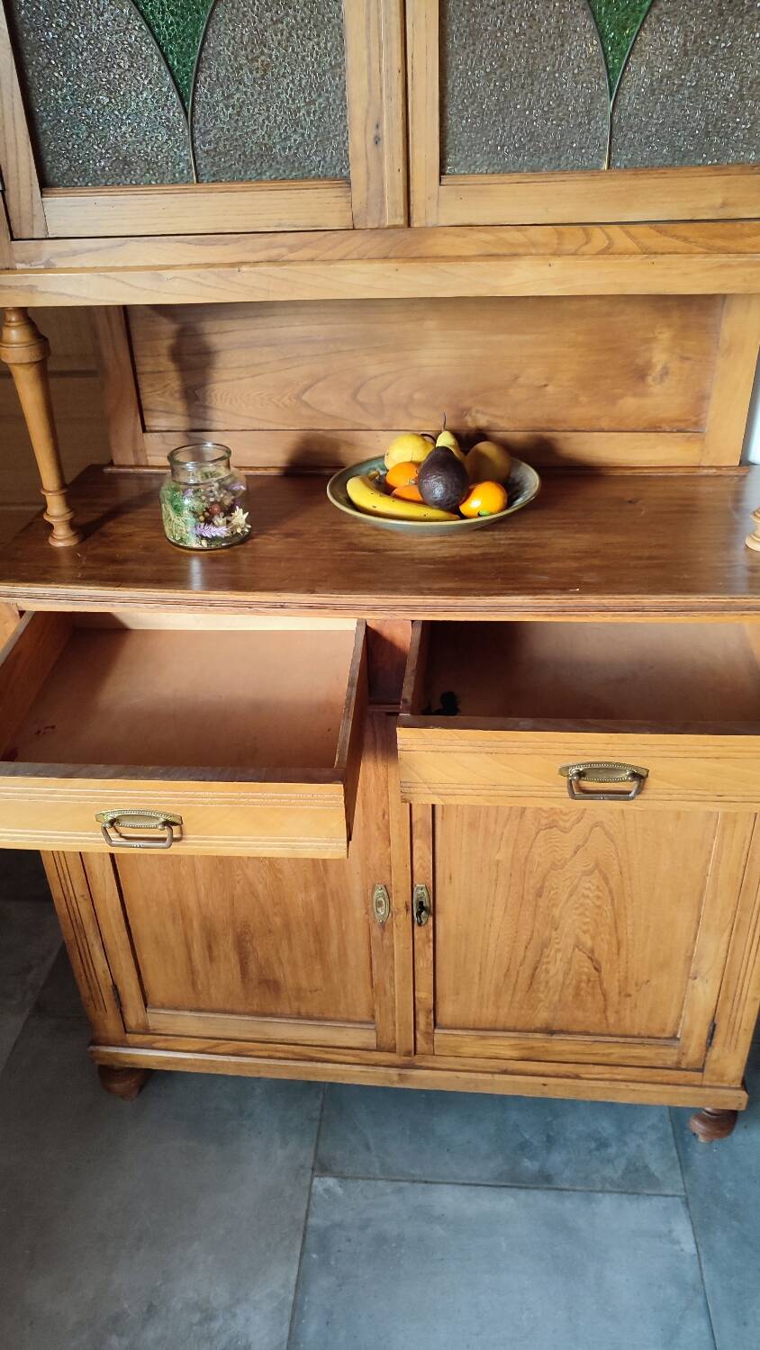 2-part wooden and stained-glass sideboard