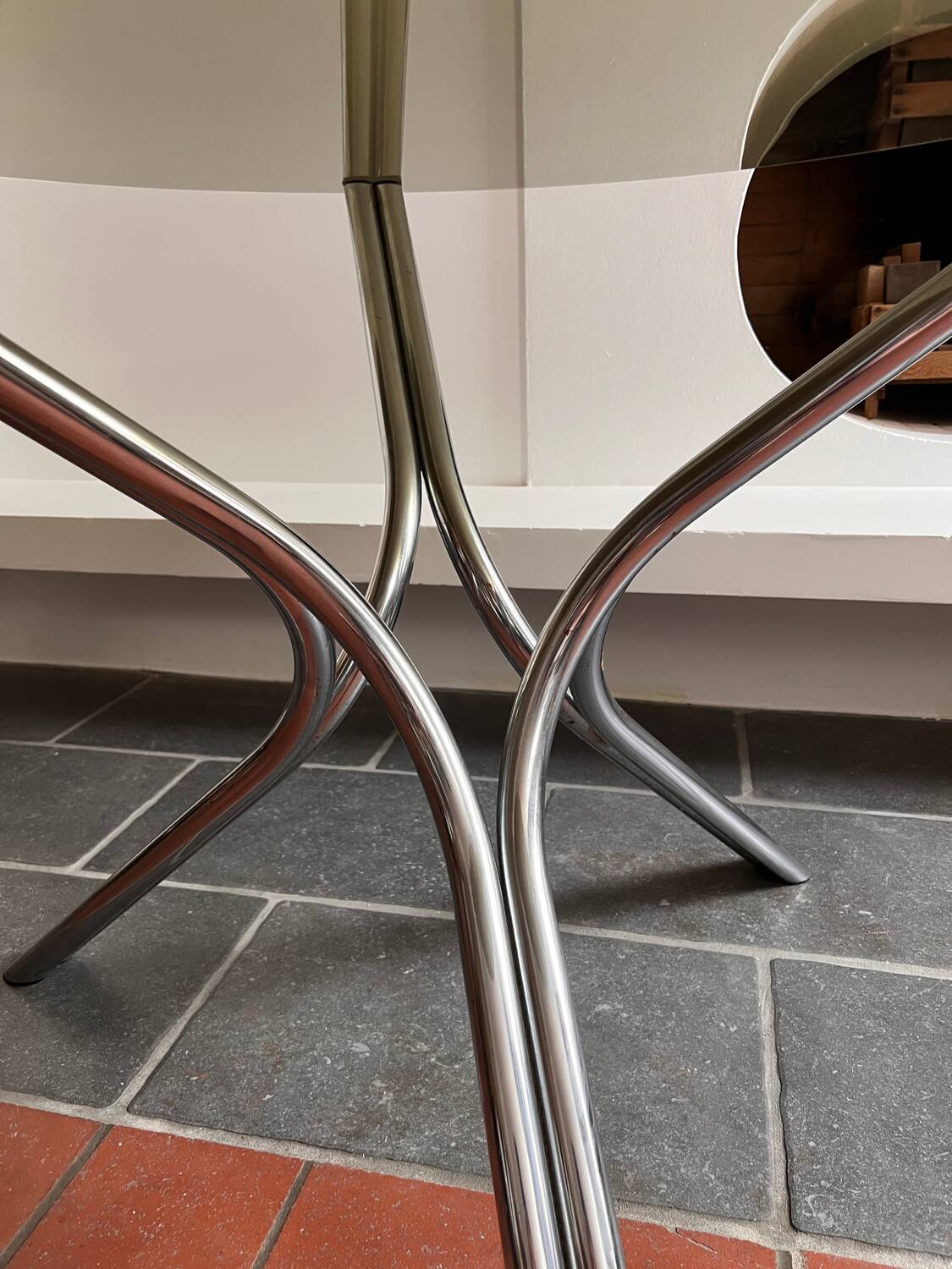 Chromed metal and smoked glass dining table, 1970