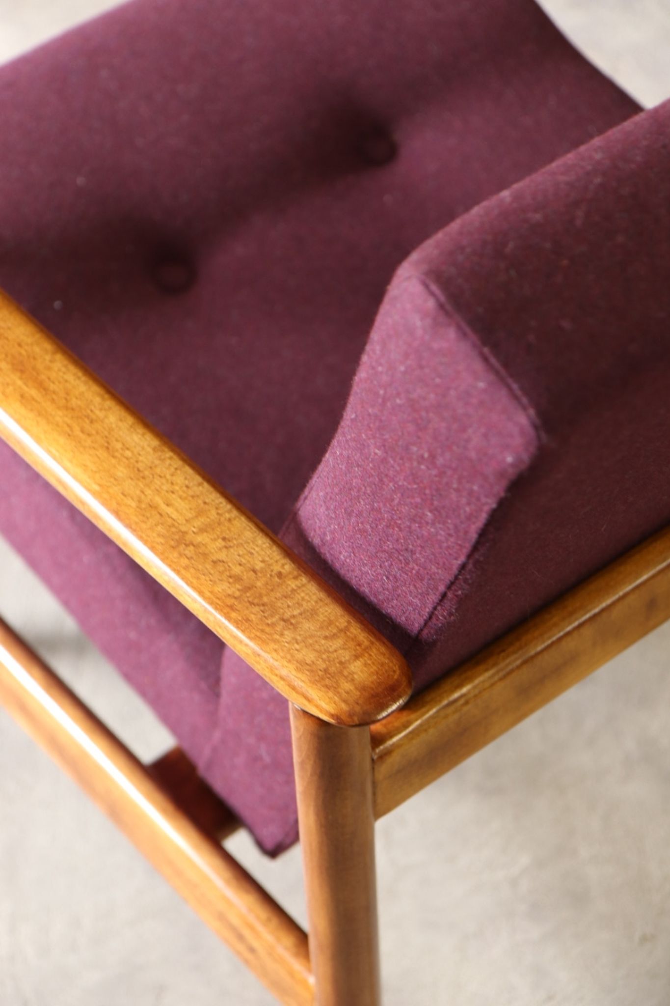 Oryginał wood armchair design by E. Homa 142 aubergine wool vintage chair modern