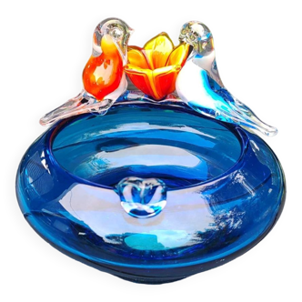 Ashtray/Vide vintage pocket, in blown Art glass from Murano. Decoration couple of birds