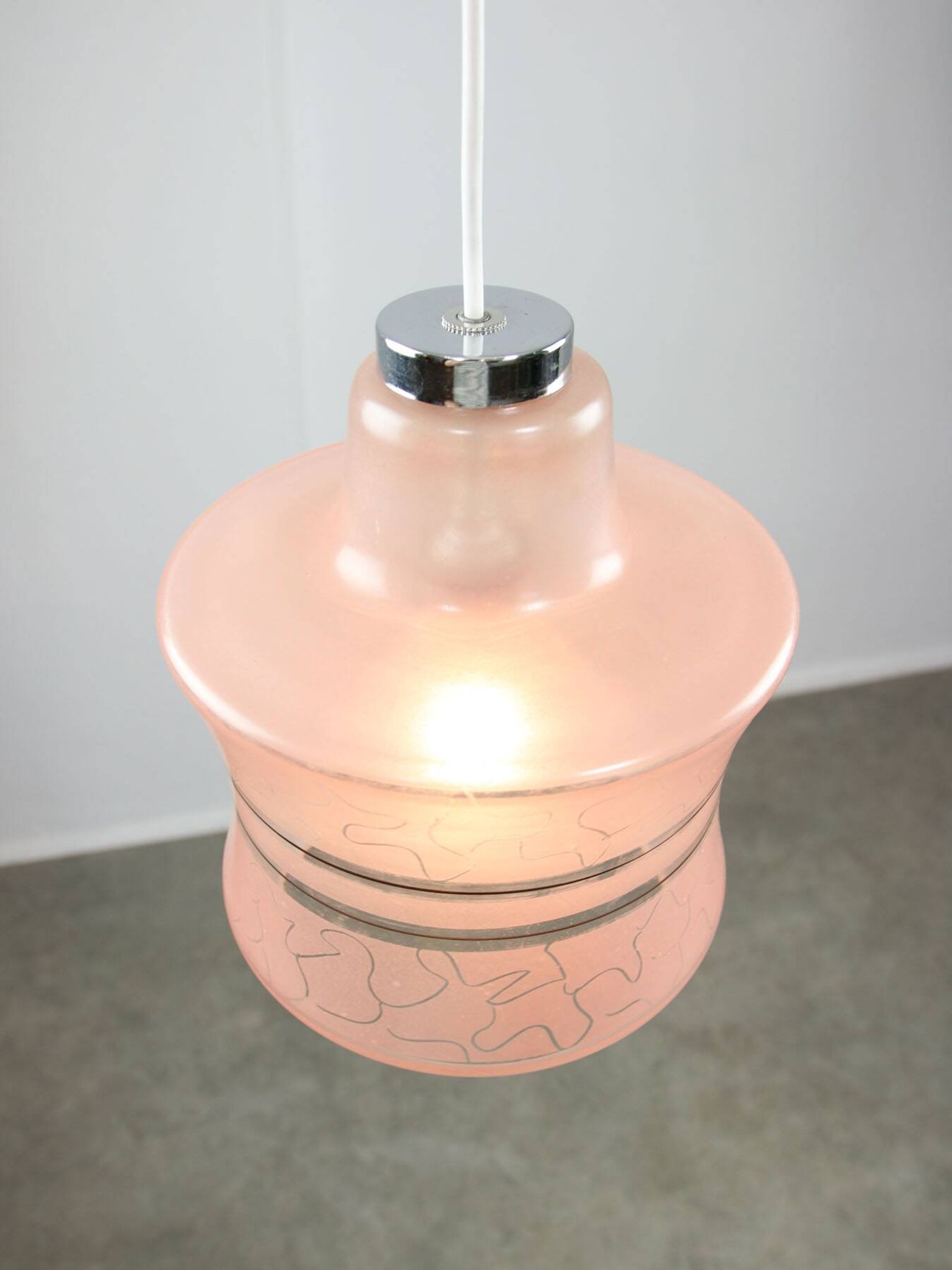Vintage Italian Chrome and Pink Glass Pendant Lamp