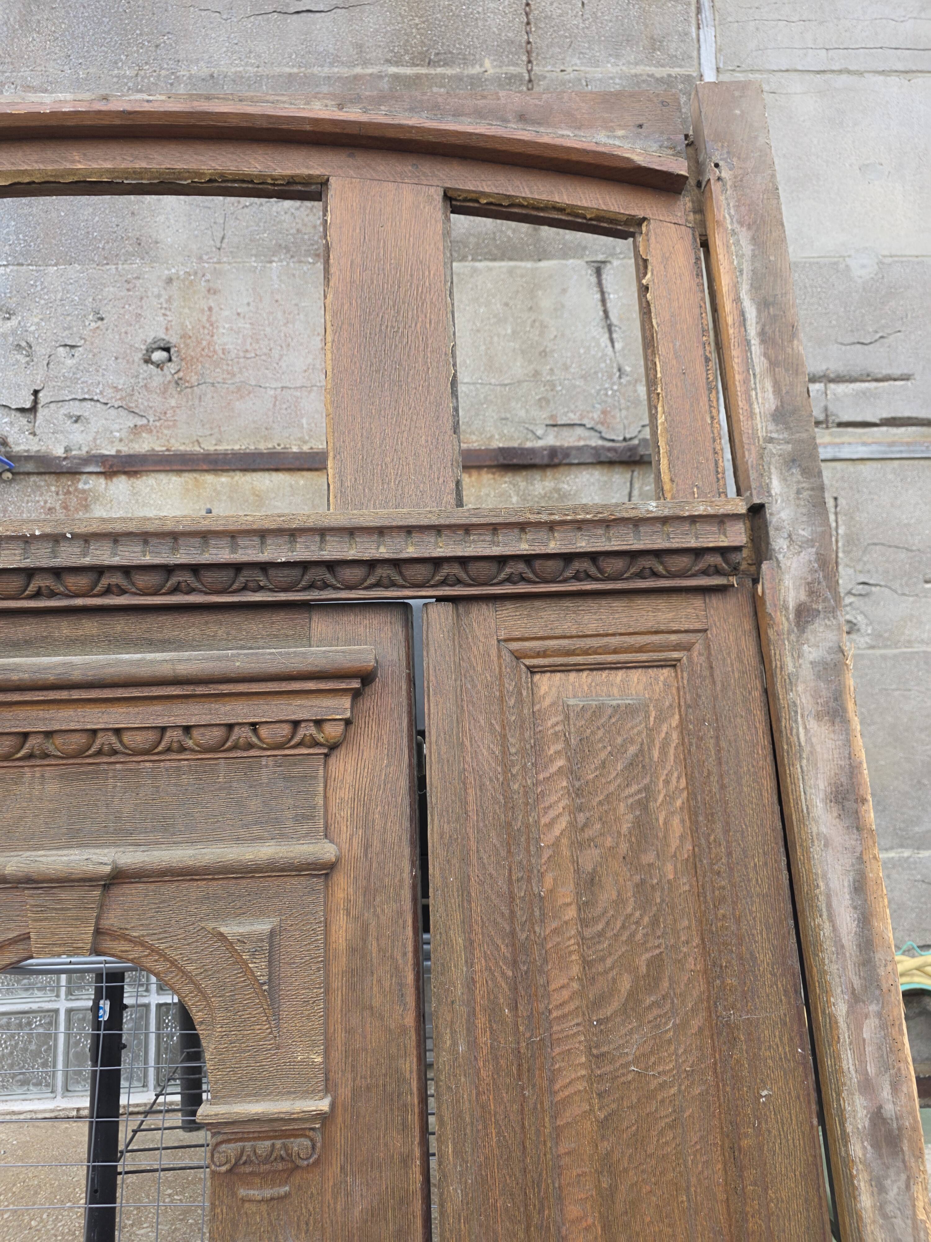19th-century solid oak entrance door with three openings, including frame.