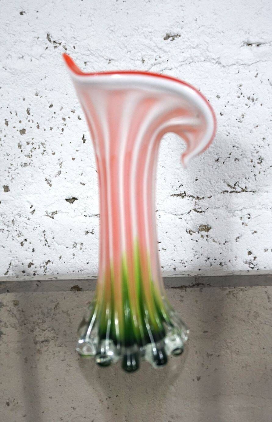 Murano blown glass soliflore vase in the shape of a green and red Calla flower
