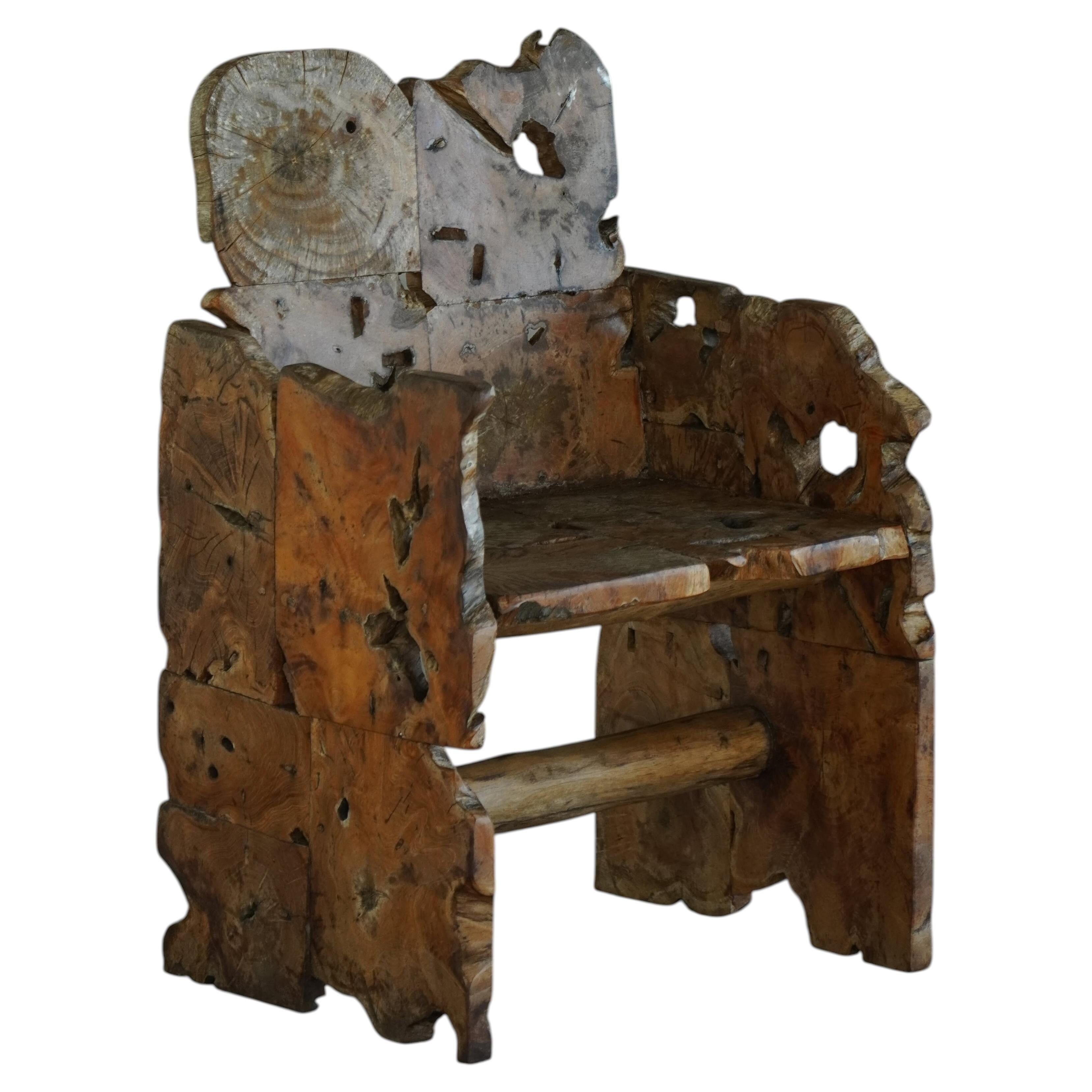 Unique wooden armchair in primitive Scandinavian "wabi-sabi" style, 20th century, 1950s.