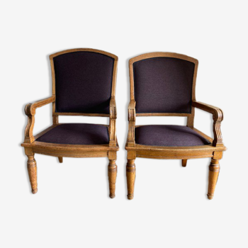 Antique german oak arm chairs reupholstered with hand woven wool from kjellerup vaveri denmark