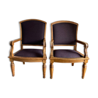 Antique german oak arm chairs reupholstered with hand woven wool from kjellerup vaveri denmark