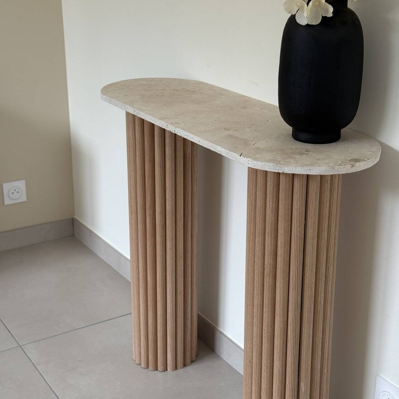 Travertine and wood console | raw oak