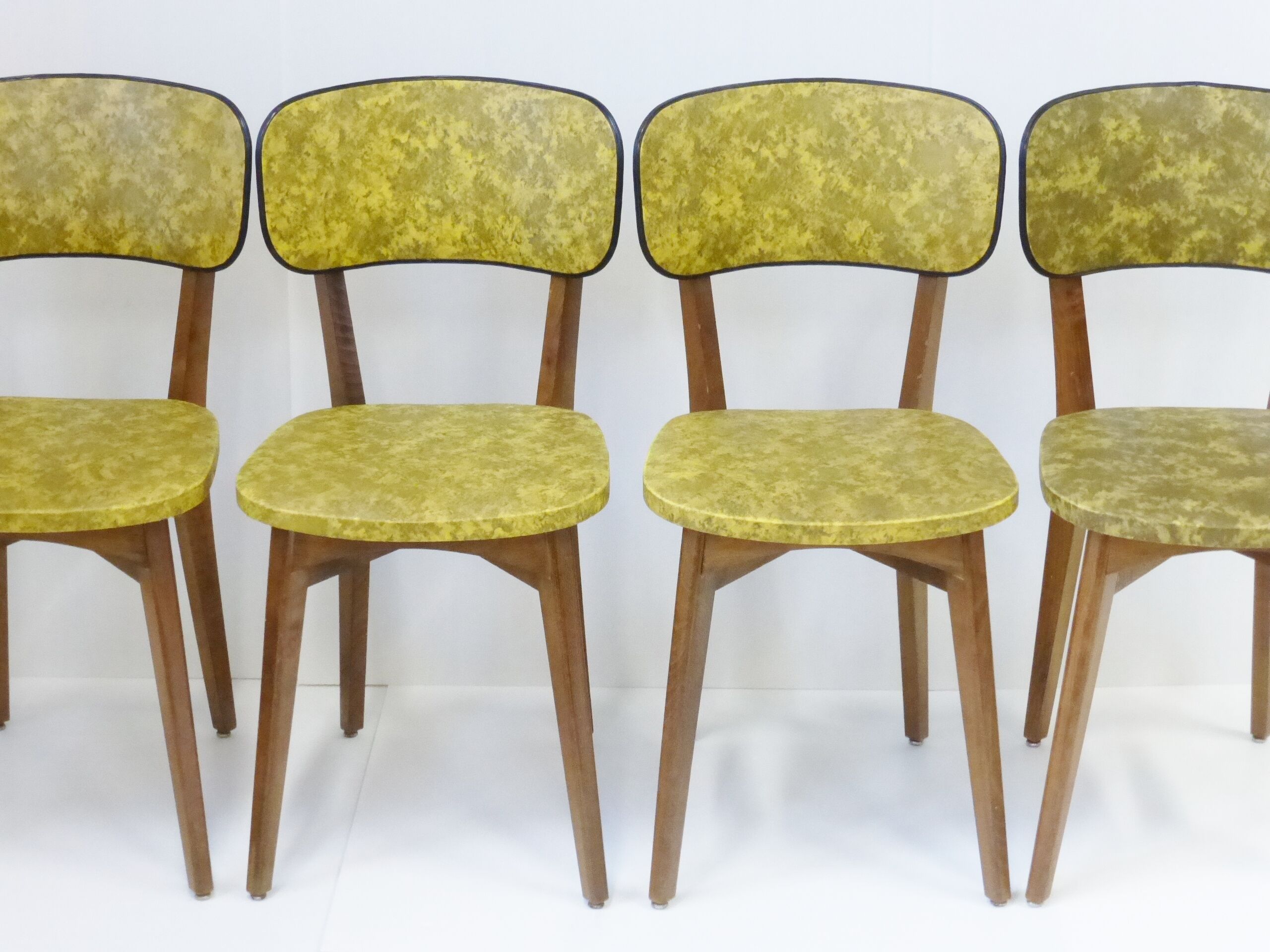Set of 4 chairs yellow & black camouflage 1950 vintage rockabilly 50s French bistro chairs