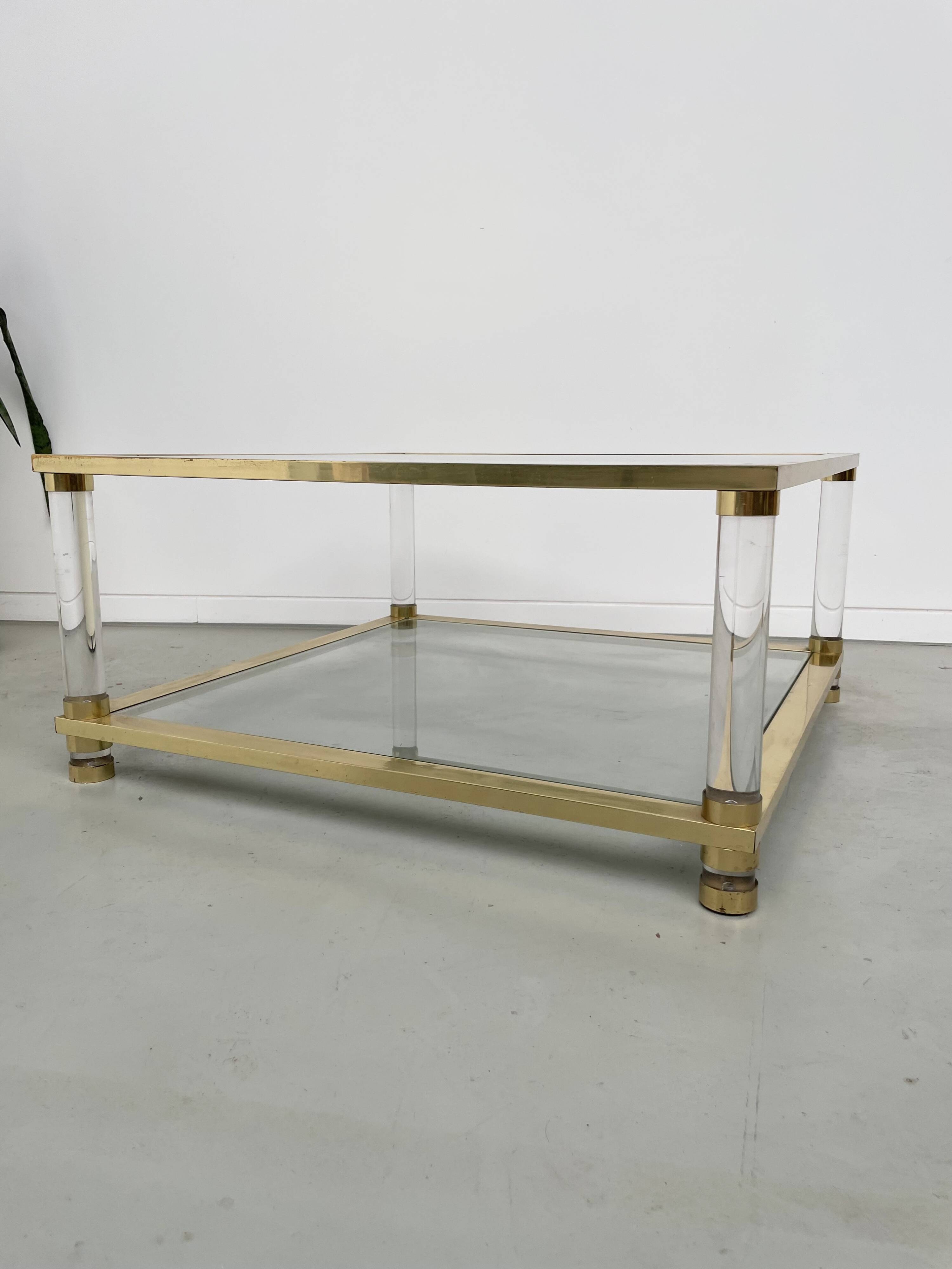 1970s lucite, brass and glass coffee table