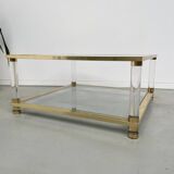 Table basse lucite, laiton et verre années 70