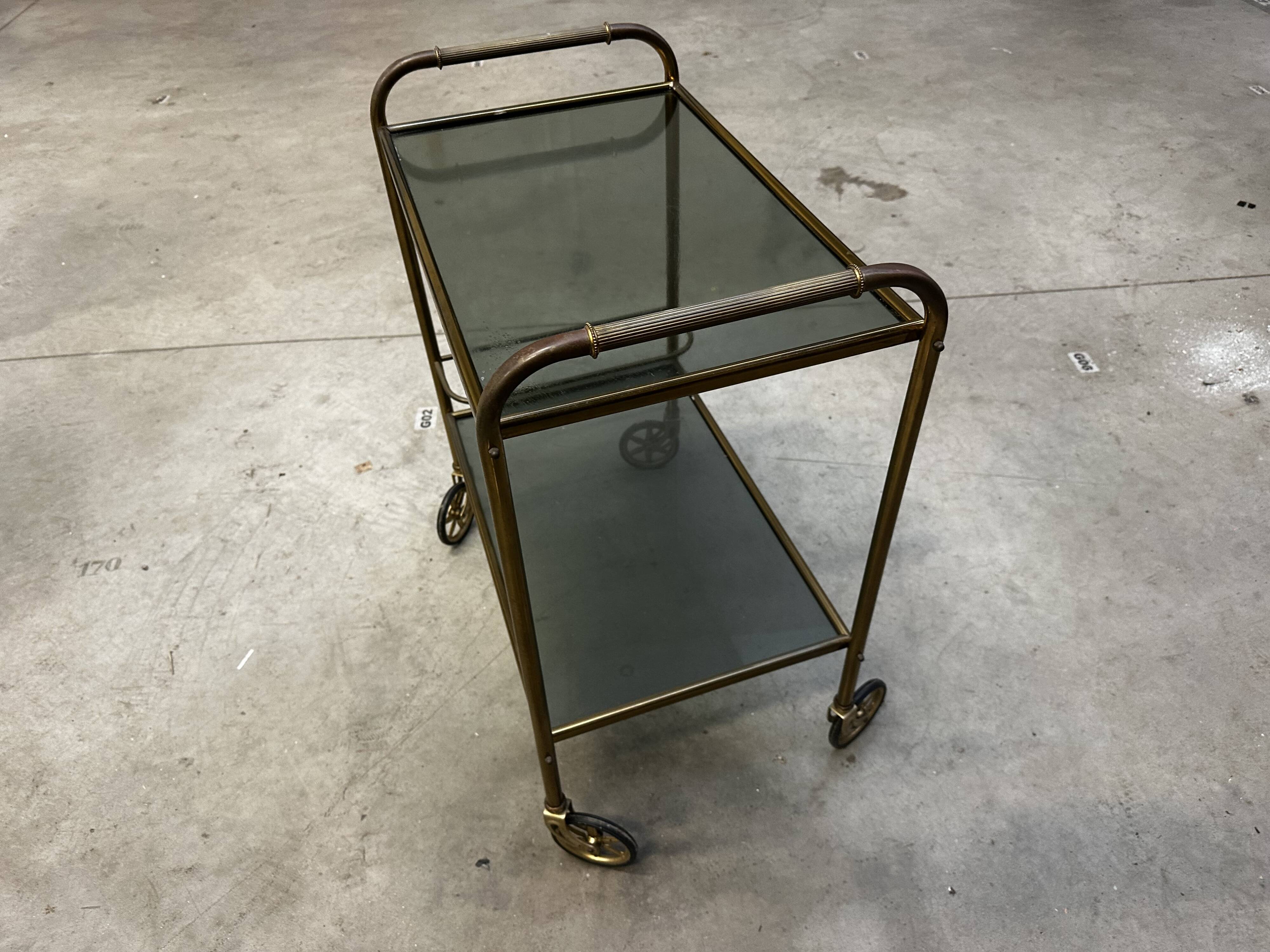 Vintage 70s serving trolley in gold metal and smoked glass