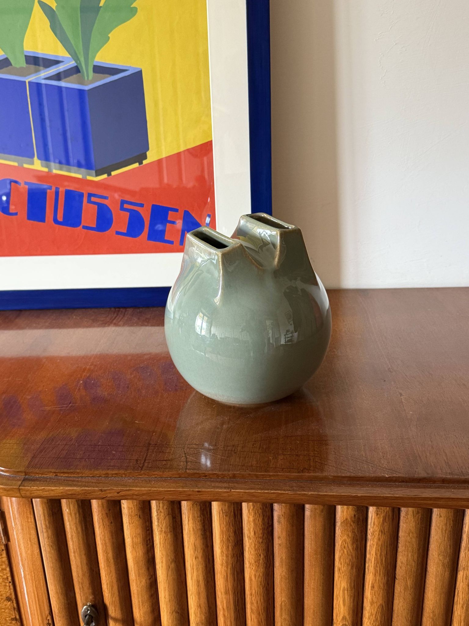 Mid-century Modern green spherical gres vase, Franco Bucci Italy ca. 1970